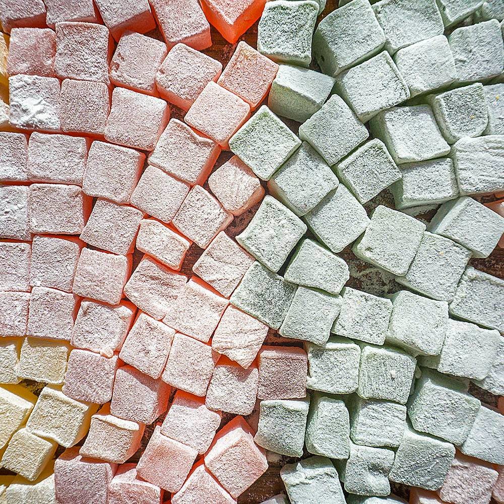 Haci Bekir Exclusive Turkish Delight Fruit Flavored Assorted - Unique Consistency Lokums (CherryStrawberryApricotOrange) - 200 grams