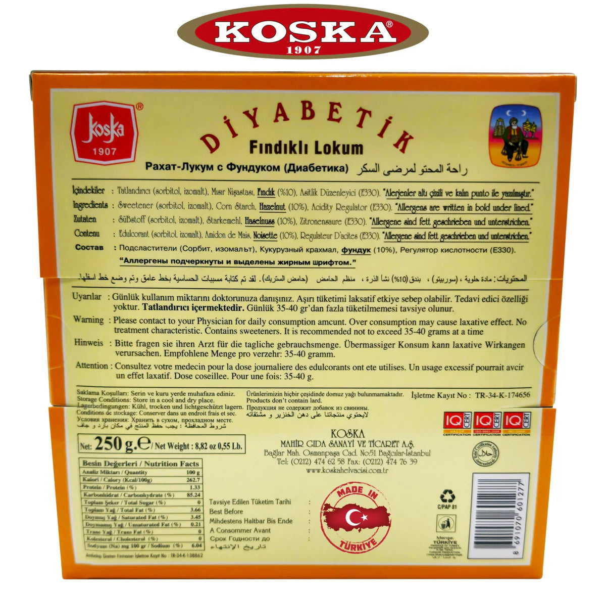 Koska | Sugar-Free, Diabetic Turkish Delight with Whole Hazelnuts