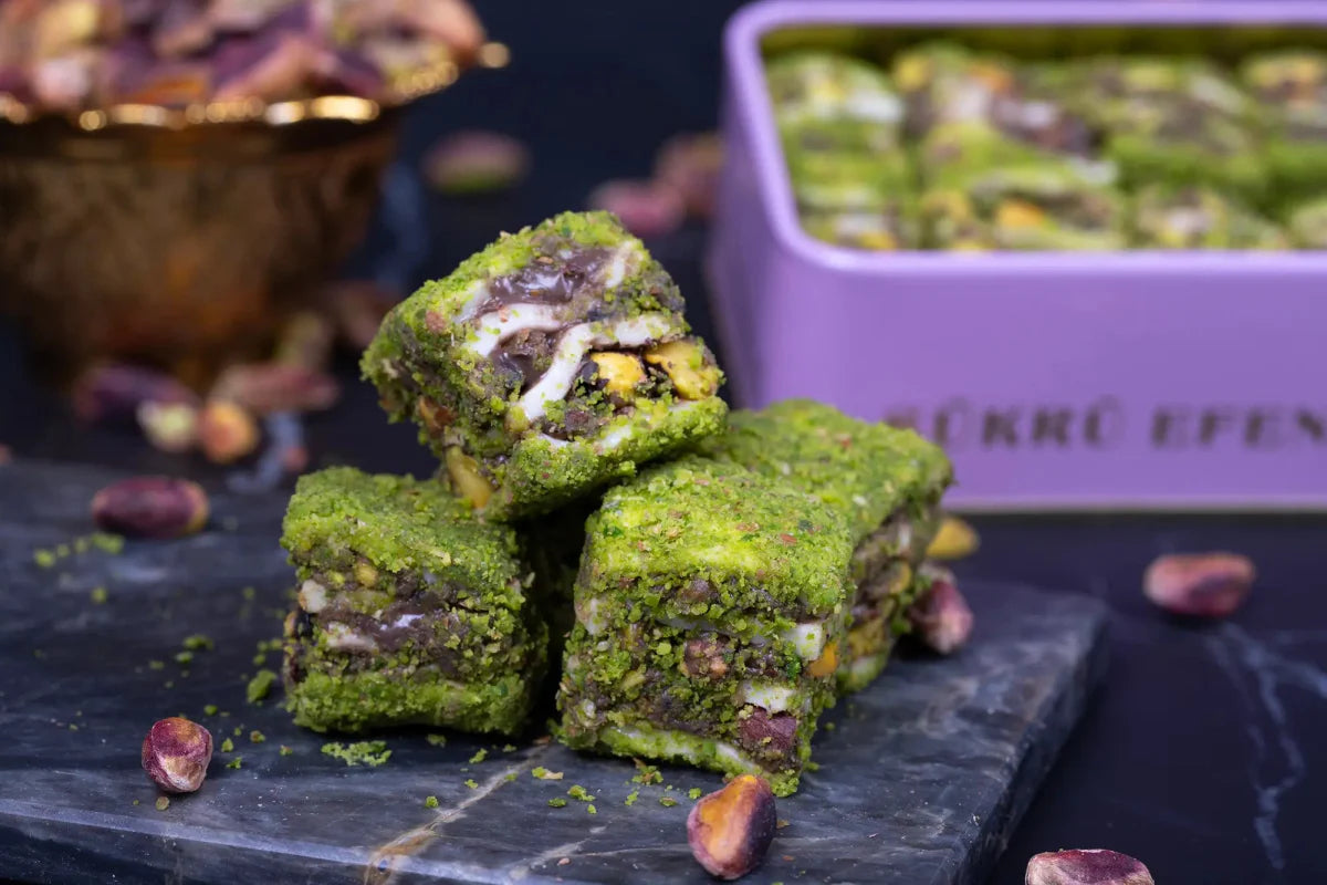 Sukru Efendi 1935 | Luxury Baklava Turkish Delight - Covered with Powdered Pistachio, Stuffed with Cocoa Cream and Pistachio