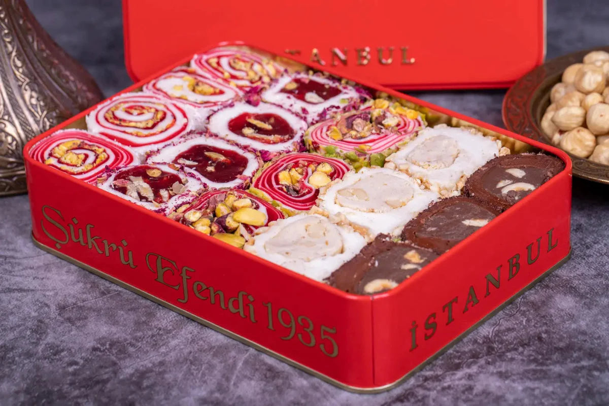Sukru Efendi 1935 | Mix Turkish Delight Wraps with Pistachio and Hazelnut in Gift Metal Box