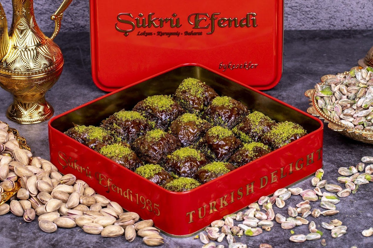 Sukru Efendi 1935  Special Turkish Chocolate Baklava with Pistachio in Gift Metal Box